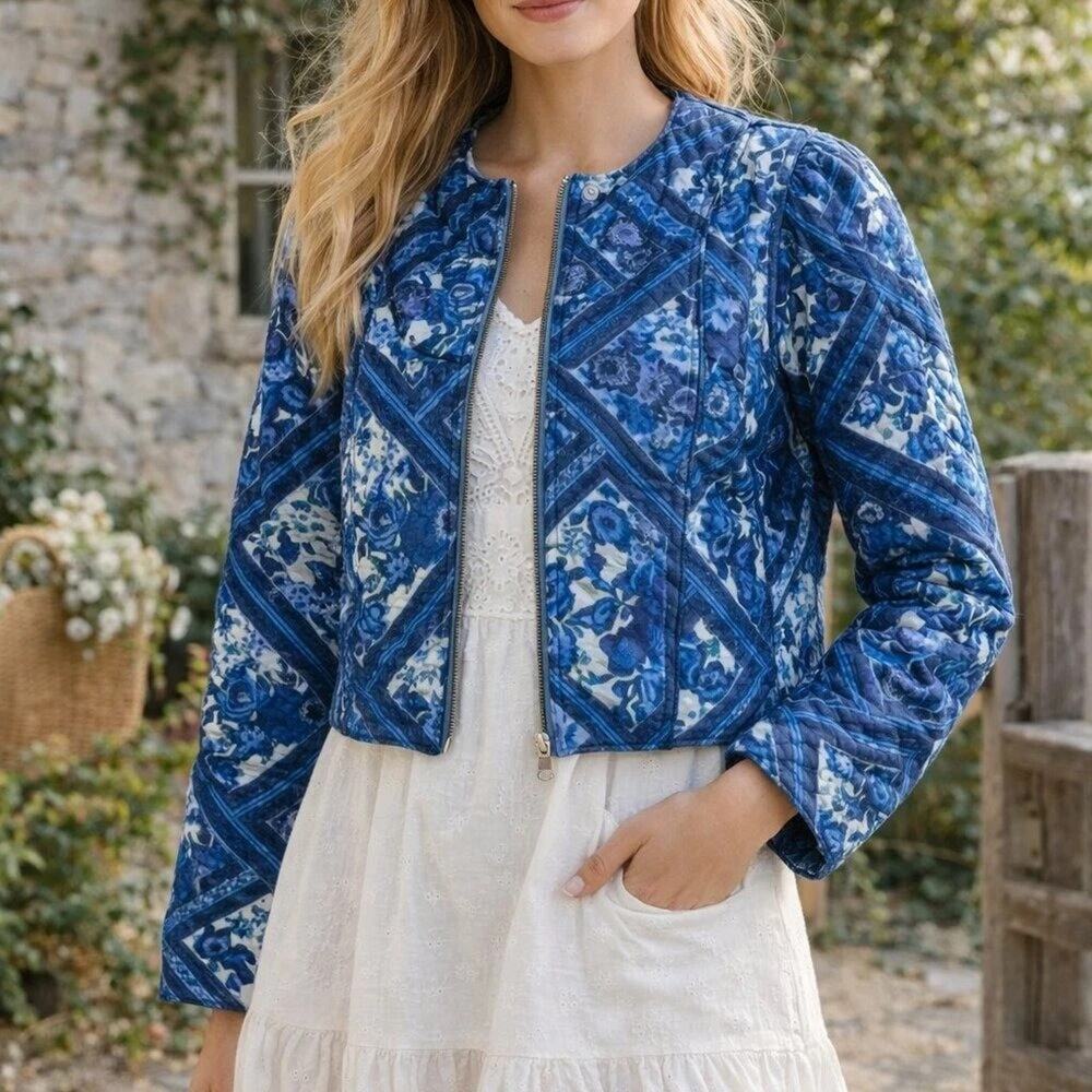 Revolve 7 For All Mankind Blue Toile Quilted Cropped Jacket Patchwork Large